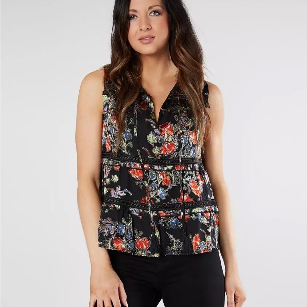 Miss Me Floral Black satin Sleeveless Top NWT
